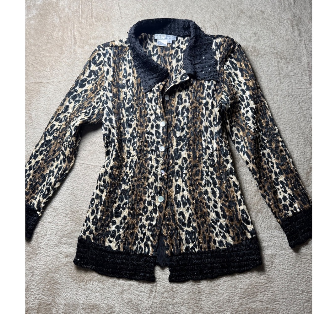 Alberto Makali Leopard Print Crinkle Pleated  Sequin Top‎ Small Euro Y2K Mobwife